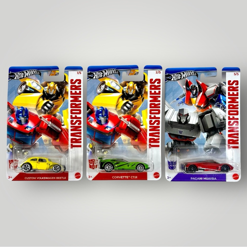 Hot Wheels Set Of 3 TRANSFORMERS 2024 VW Beetle Corvette C7.R & Pagani